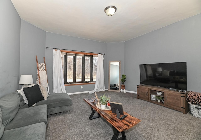 living area featuring baseboards and carpet floors