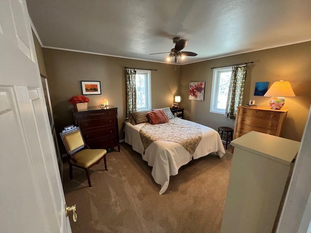 bedroom featuring multiple windows, carpet floors, ornamental molding, and a ceiling fan