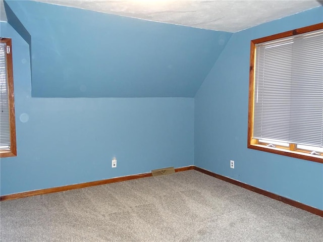 additional living space featuring lofted ceiling, carpet, baseboards, and visible vents