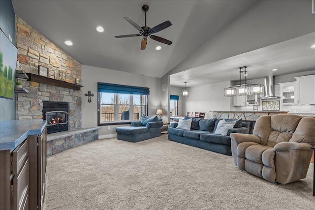 carpeted living room with recessed lighting, high vaulted ceiling, and ceiling fan