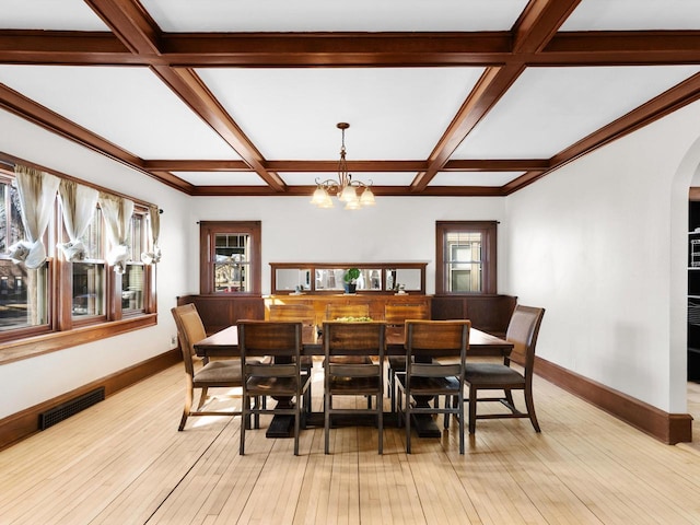 dining room with visible vents, coffered ceiling, baseboards, and light wood-style floors