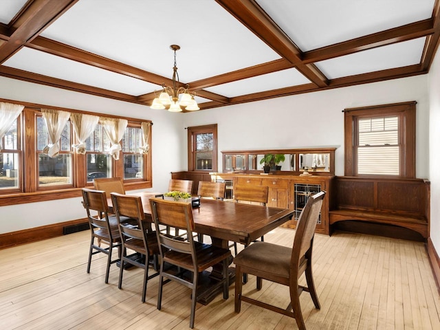 dining area with visible vents, coffered ceiling, an inviting chandelier, beam ceiling, and light wood-type flooring