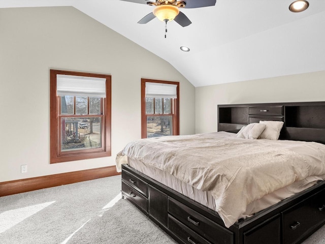 bedroom with light carpet, recessed lighting, a ceiling fan, and lofted ceiling