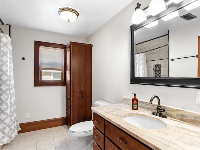 full bathroom with tile patterned floors, visible vents, toilet, baseboards, and vanity