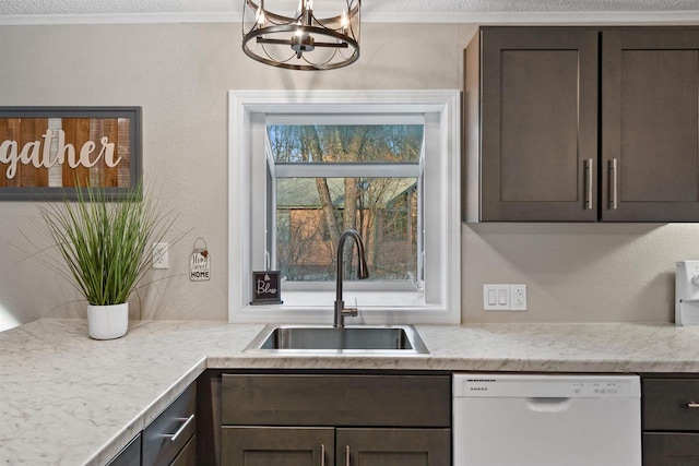 kitchen with dark brown cabinetry, dishwasher, crown molding, and a sink