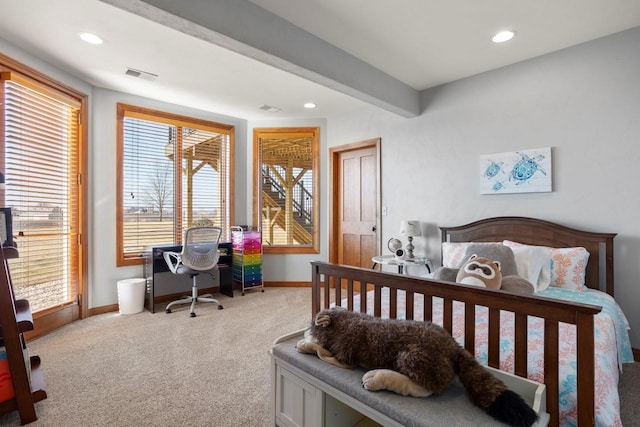 bedroom featuring carpet, visible vents, baseboards, recessed lighting, and beamed ceiling