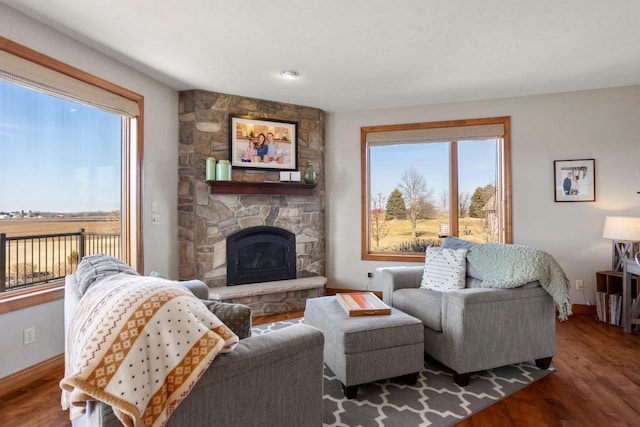 living room with a fireplace, wood finished floors, and baseboards