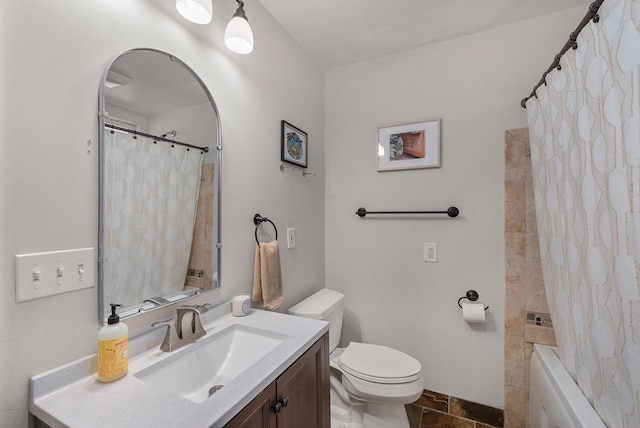 full bathroom with toilet, vanity, and shower / tub combo