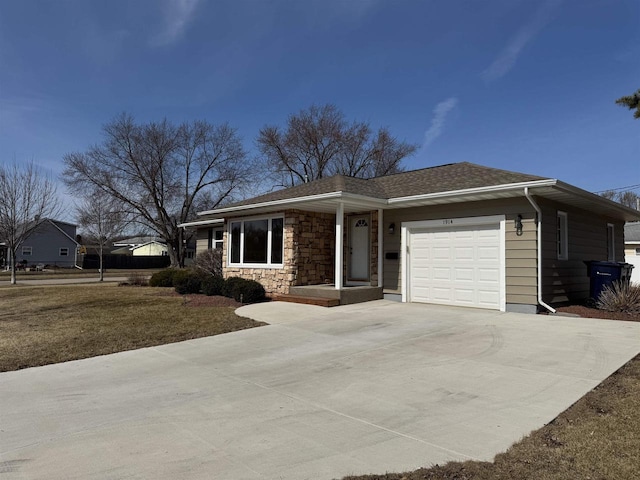 single story home with stone siding, driveway, a garage, and roof with shingles