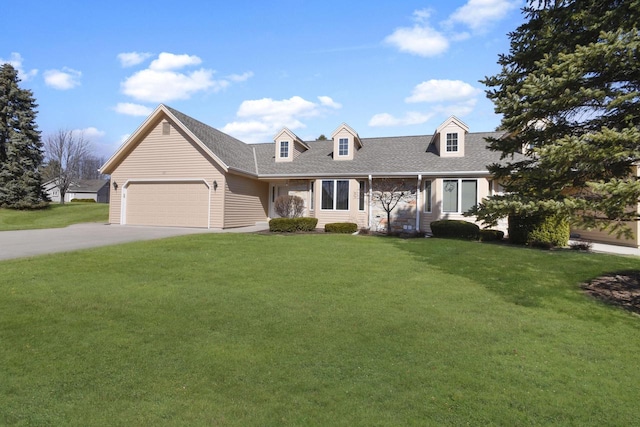 cape cod-style house with a garage, roof with shingles, concrete driveway, and a front lawn