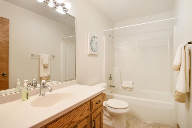 full bath featuring vanity,  shower combination, toilet, and tile patterned floors