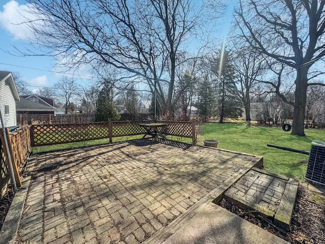 view of patio / terrace featuring central AC unit and fence