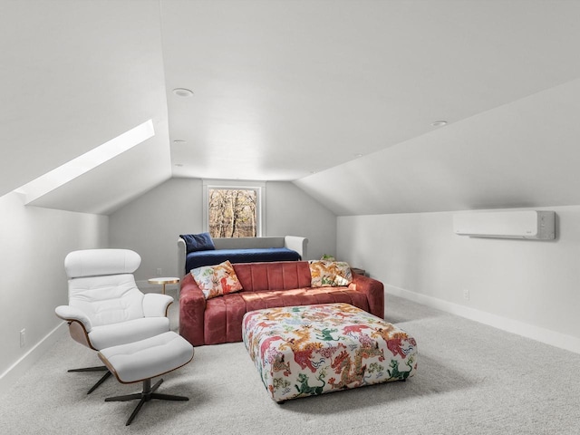 interior space with carpet flooring, an AC wall unit, lofted ceiling, and baseboards