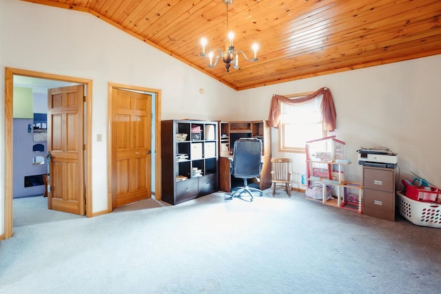 carpeted office space featuring lofted ceiling, wooden ceiling, and a chandelier