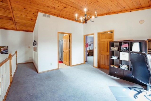 office featuring visible vents, baseboards, wooden ceiling, and carpet flooring