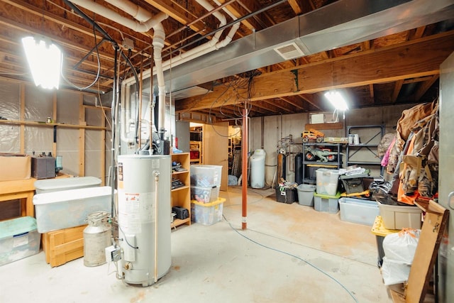 unfinished basement featuring water heater