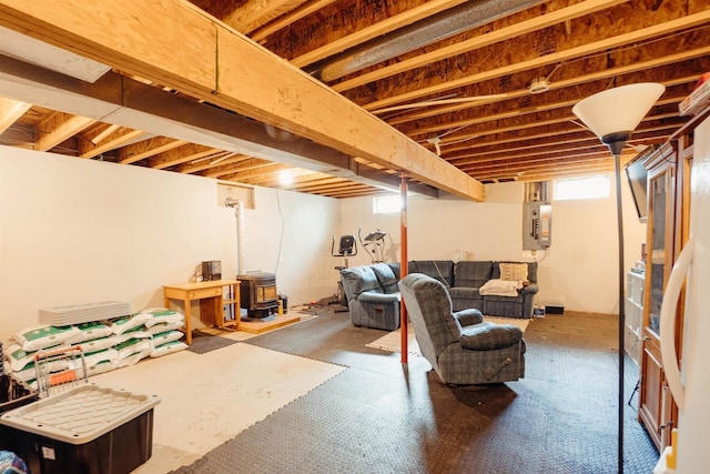 below grade area featuring electric panel and a wood stove