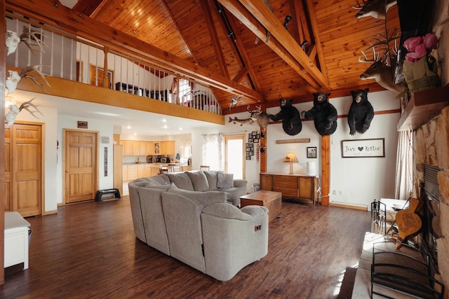 living room with baseboards, beamed ceiling, wooden ceiling, high vaulted ceiling, and dark wood-style flooring