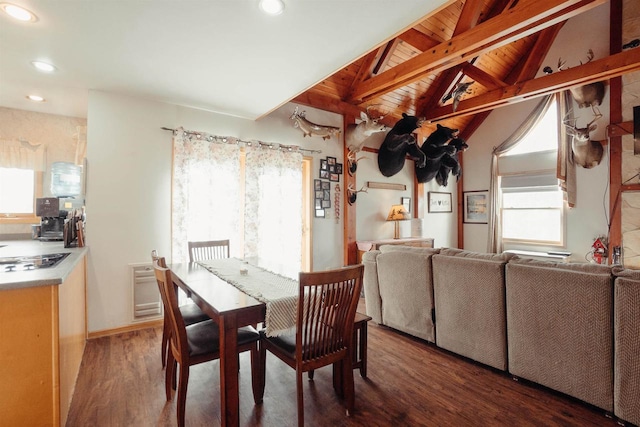 dining space featuring recessed lighting, vaulted ceiling with beams, and wood finished floors