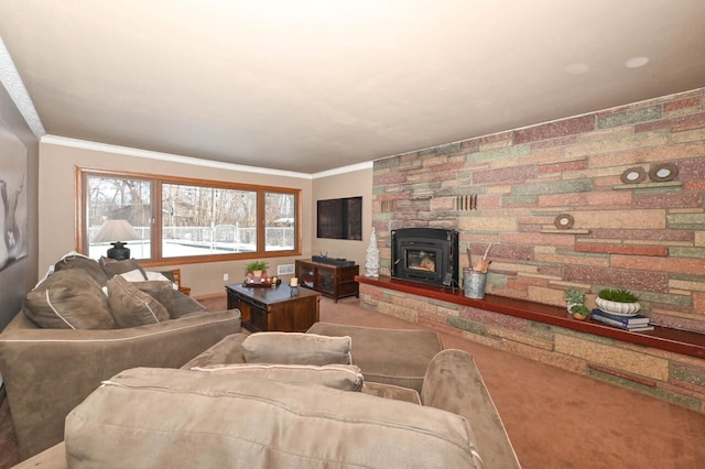 living room with carpet floors and ornamental molding