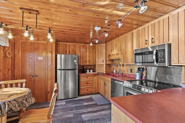 kitchen featuring a sink, dark wood finished floors, appliances with stainless steel finishes, wood walls, and wood ceiling