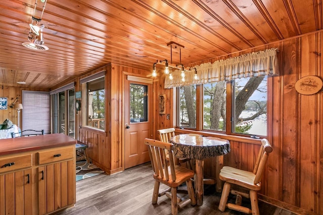 674 E Hiawatha Dr, Wisconsin Dells, WI 53965 - dining area featuring wood walls, light wood finished floors, and wooden ceiling