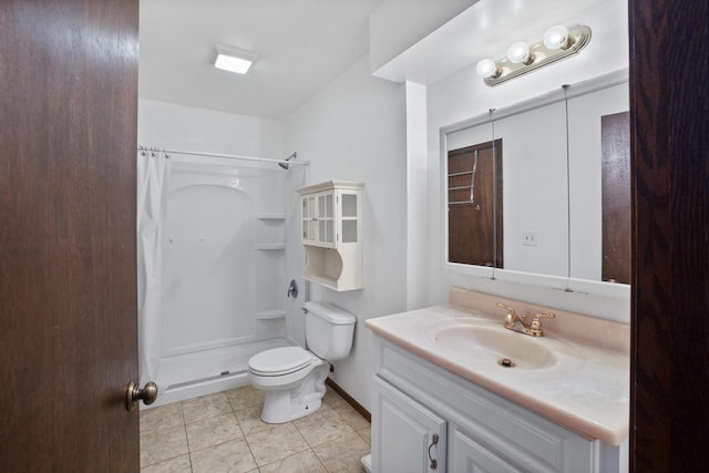 full bathroom with vanity, a shower with curtain, baseboards, tile patterned flooring, and toilet