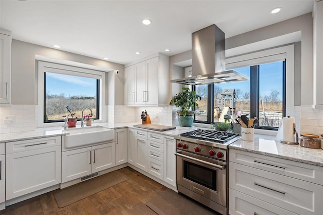 kitchen with visible vents, island range hood, white cabinets, designer stove, and a sink