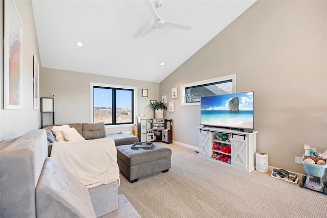 carpeted living room featuring recessed lighting, a ceiling fan, baseboards, and high vaulted ceiling