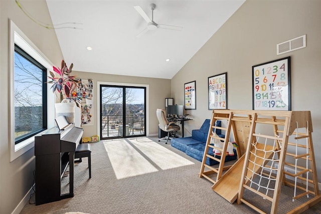 carpeted bedroom featuring visible vents, high vaulted ceiling, access to outside, recessed lighting, and baseboards