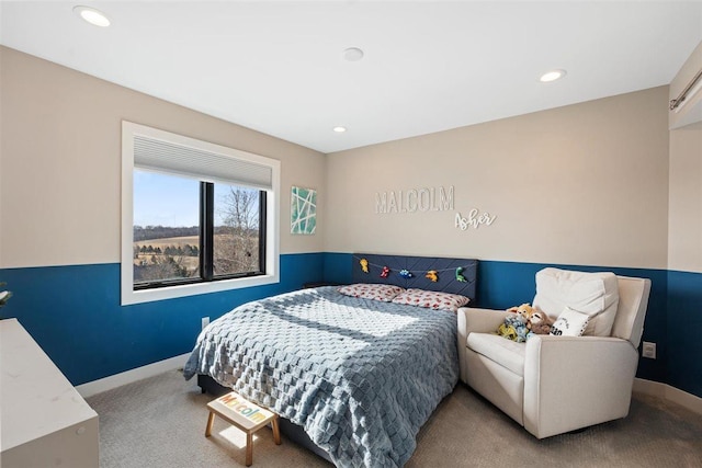 bedroom featuring recessed lighting, baseboards, and carpet floors