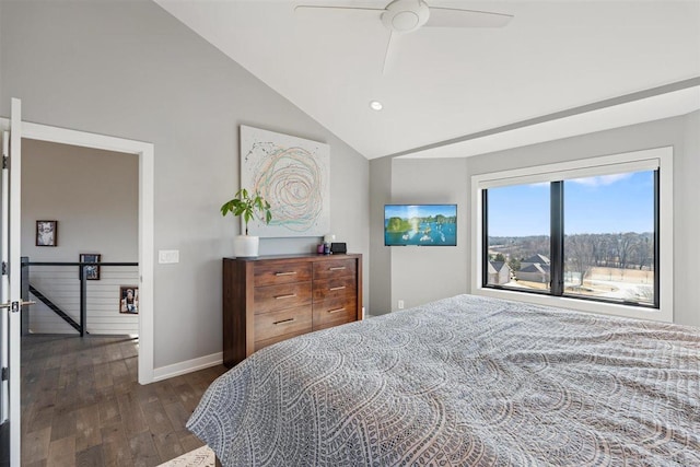 bedroom with ceiling fan, baseboards, lofted ceiling, recessed lighting, and dark wood-style floors