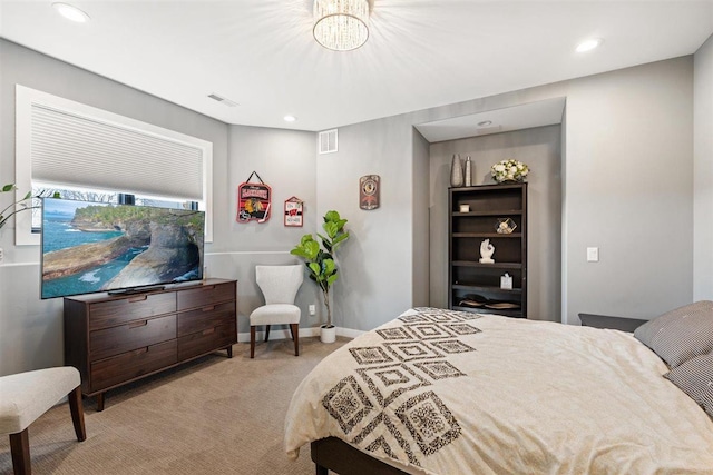 bedroom featuring recessed lighting, visible vents, light colored carpet, and baseboards