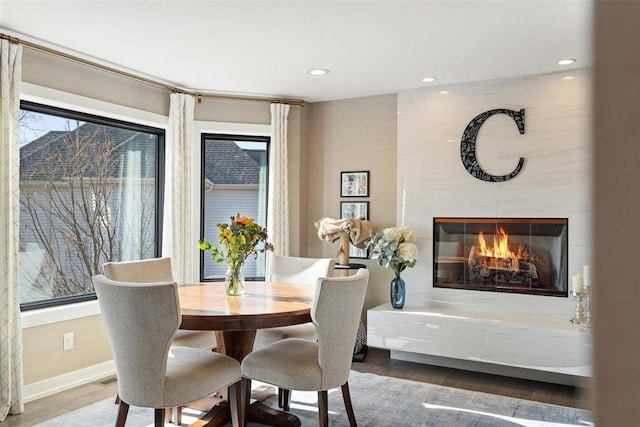 dining space featuring wood finished floors, plenty of natural light, and a glass covered fireplace