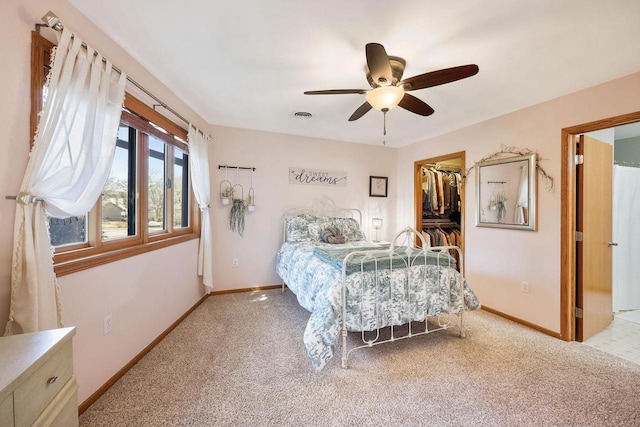 bedroom featuring a spacious closet, carpet flooring, baseboards, and a closet