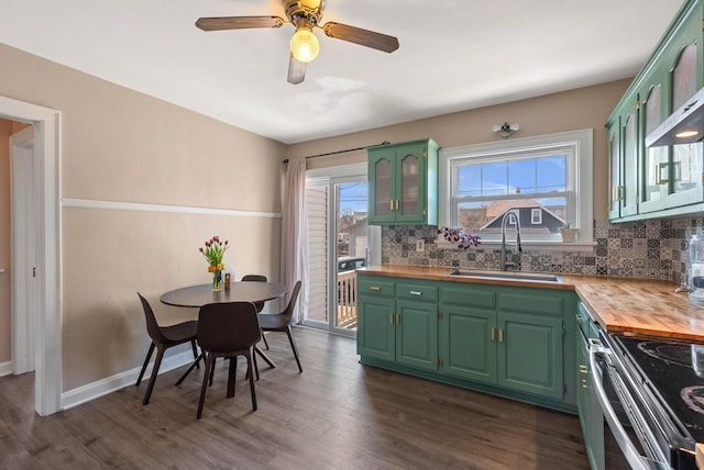 kitchen featuring green cabinetry, dark wood finished floors, a sink, tasteful backsplash, and butcher block counters