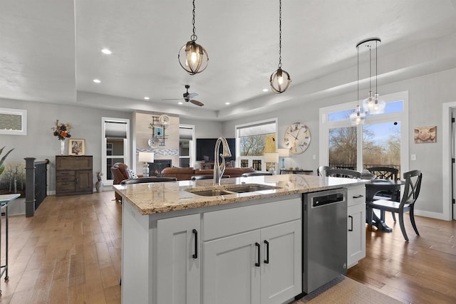 kitchen with light wood finished floors, stainless steel dishwasher, a glass covered fireplace, a raised ceiling, and a sink