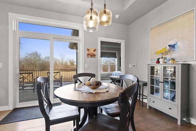 dining room with dark wood-style floors, baseboards, and a wealth of natural light