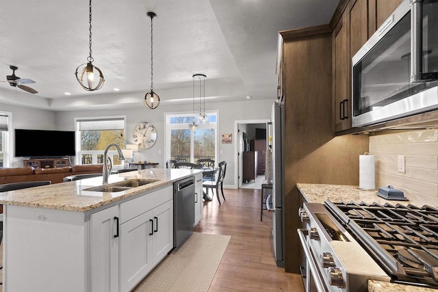 kitchen featuring a sink, wood finished floors, appliances with stainless steel finishes, a raised ceiling, and light stone countertops