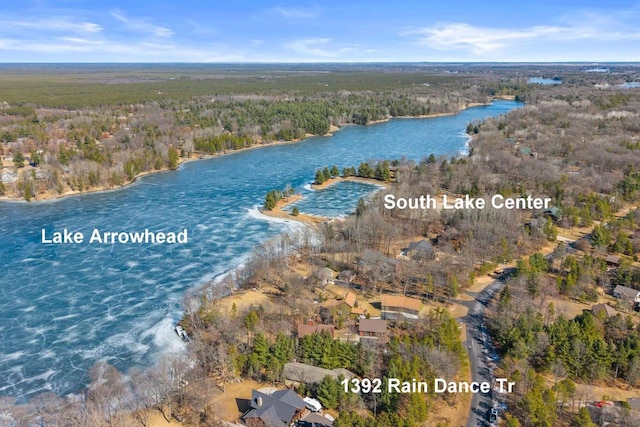 bird's eye view with a water view and a wooded view