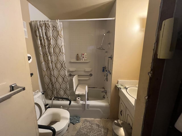 full bath with toilet, vanity, and shower / bathtub combination with curtain