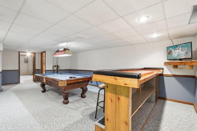 rec room featuring carpet flooring, pool table, a paneled ceiling, and baseboards