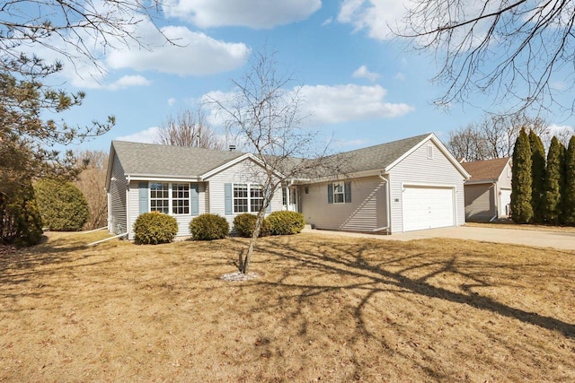 ranch-style house featuring a garage, concrete driveway, a front lawn, and a shingled roof