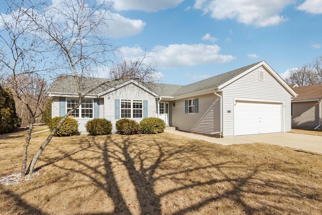 ranch-style house featuring a garage, concrete driveway, a front lawn, and a shingled roof