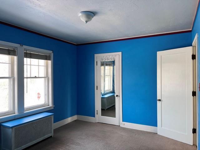 carpeted empty room featuring a wealth of natural light, radiator heating unit, and ornamental molding