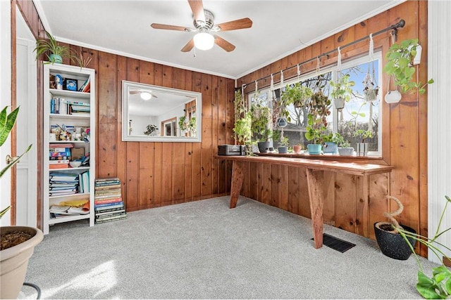 office space featuring wooden walls, visible vents, ceiling fan, ornamental molding, and carpet flooring