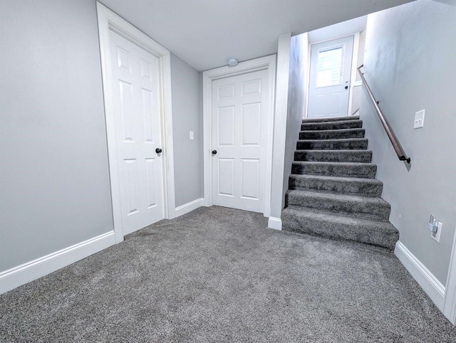 stairs featuring baseboards and carpet floors