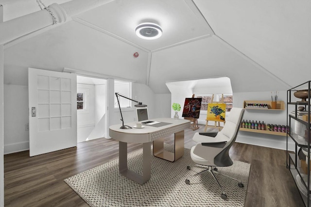 home office with lofted ceiling and wood finished floors