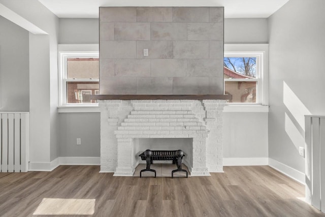 living area with radiator heating unit, baseboards, and wood finished floors