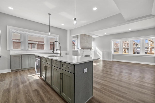 kitchen featuring dishwasher, wood finished floors, gray cabinets, and a sink